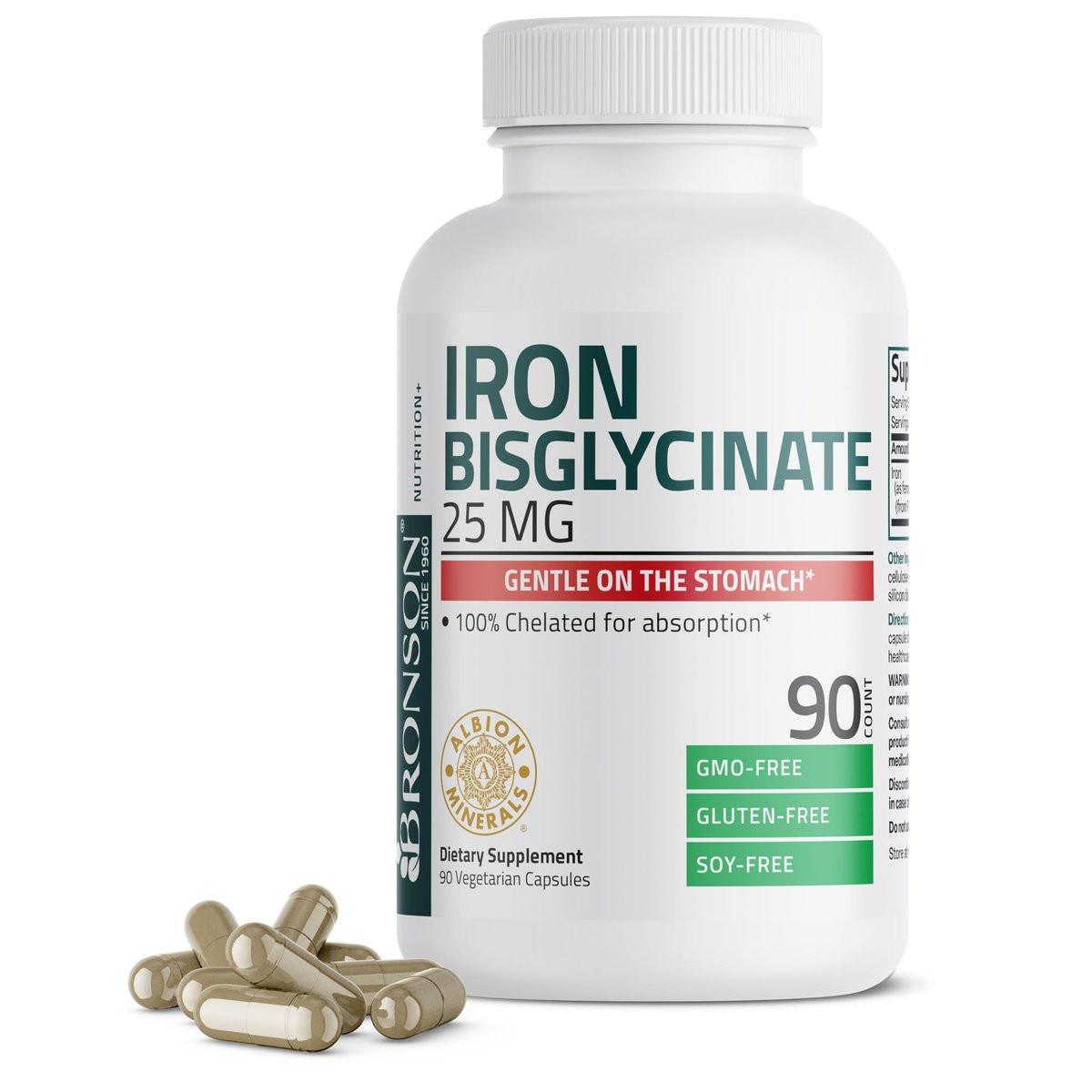 Bronson Eisen Bisglycinat 25 mg – Magenfreundlich, unterstützt Energie & gesunde rote Blutkörperchen – Nicht verstopfend – Non-GMO, 90 Kapseln