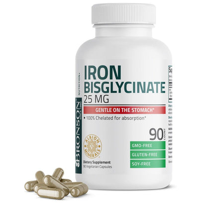 Bronson Eisen Bisglycinat 25 mg – Magenfreundlich, unterstützt Energie & gesunde rote Blutkörperchen – Nicht verstopfend – Non-GMO, 90 Kapseln