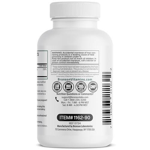 Bronson Eisen Bisglycinat 25 mg – Magenfreundlich, unterstützt Energie & gesunde rote Blutkörperchen – Nicht verstopfend – Non-GMO, 90 Kapseln