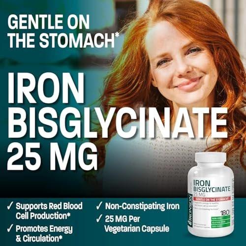 Bronson Eisen Bisglycinat 25 mg – Magenfreundlich, unterstützt Energie & gesunde rote Blutkörperchen – Nicht verstopfend – Non-GMO, 90 Kapseln