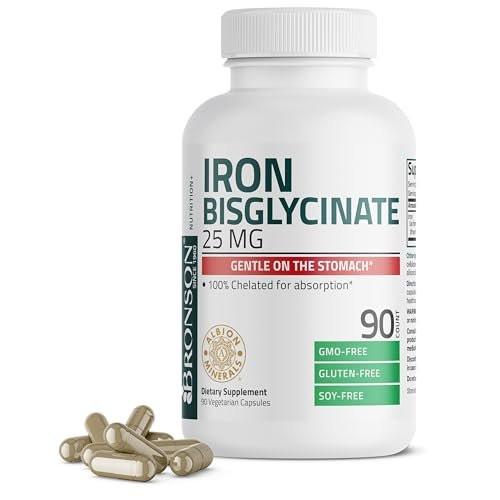 Bronson Eisen Bisglycinat 25 mg – Magenfreundlich, unterstützt Energie & gesunde rote Blutkörperchen – Nicht verstopfend – Non-GMO, 90 Kapseln
