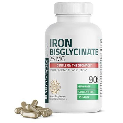 Bronson Eisen Bisglycinat 25 mg – Magenfreundlich, unterstützt Energie & gesunde rote Blutkörperchen – Nicht verstopfend – Non-GMO, 90 Kapseln