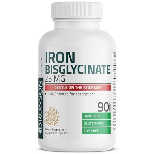 Bronson Eisen Bisglycinat 25 mg – Magenfreundlich, unterstützt Energie & gesunde rote Blutkörperchen – Nicht verstopfend – Non-GMO, 90 Kapseln