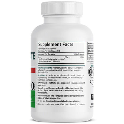 Bronson Eisen Bisglycinat 25 mg – Magenfreundlich, unterstützt Energie & gesunde rote Blutkörperchen – Nicht verstopfend – Non-GMO, 90 Kapseln