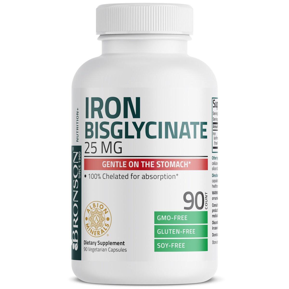 Bronson Eisen Bisglycinat 25 mg – Magenfreundlich, unterstützt Energie & gesunde rote Blutkörperchen – Nicht verstopfend – Non-GMO, 90 Kapseln