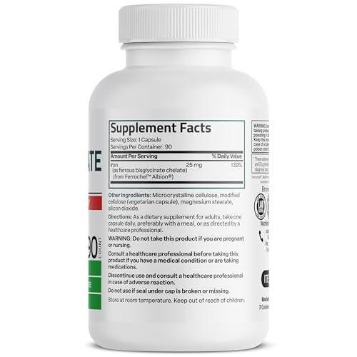Bronson Eisen Bisglycinat 25 mg – Magenfreundlich, unterstützt Energie & gesunde rote Blutkörperchen – Nicht verstopfend – Non-GMO, 90 Kapseln