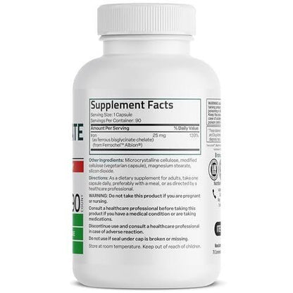 Bronson Eisen Bisglycinat 25 mg – Magenfreundlich, unterstützt Energie & gesunde rote Blutkörperchen – Nicht verstopfend – Non-GMO, 90 Kapseln