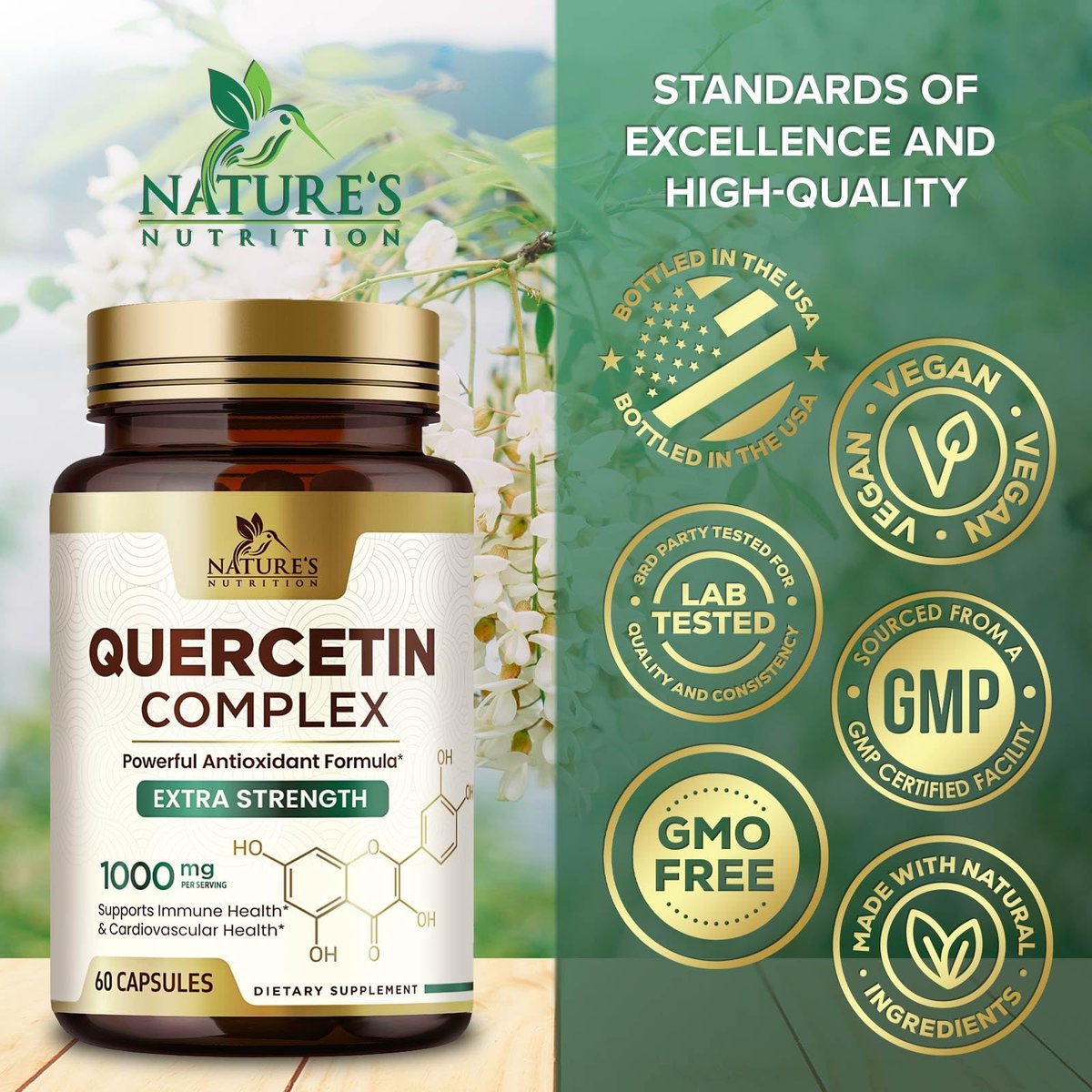 Quercetin Dihydrat 1000mg pro Portion – Hochdosiertes pflanzliches Bioflavonoid – Extra starke Antioxidans-Unterstützung für Immun- und Atemwegsgesundheit – Hohe Absorption – 60 Vegane Kapseln