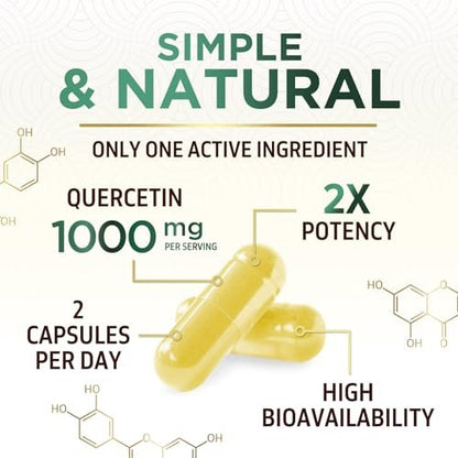 Quercetin Dihydrat 1000mg pro Portion – Hochdosiertes pflanzliches Bioflavonoid – Extra starke Antioxidans-Unterstützung für Immun- und Atemwegsgesundheit – Hohe Absorption – 60 Vegane Kapseln