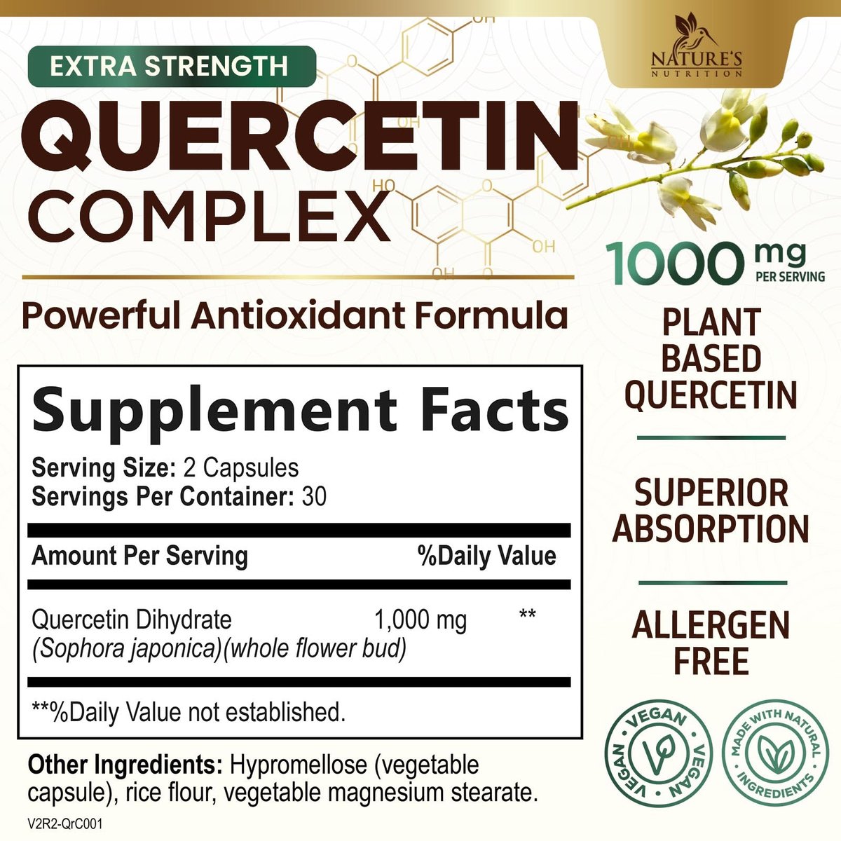 Quercetin Dihydrat 1000mg pro Portion – Hochdosiertes pflanzliches Bioflavonoid – Extra starke Antioxidans-Unterstützung für Immun- und Atemwegsgesundheit – Hohe Absorption – 60 Vegane Kapseln