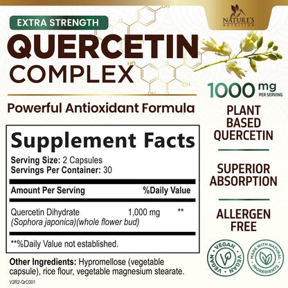 Quercetin Dihydrat 1000mg pro Portion – Hochdosiertes pflanzliches Bioflavonoid – Extra starke Antioxidans-Unterstützung für Immun- und Atemwegsgesundheit – Hohe Absorption – 60 Vegane Kapseln