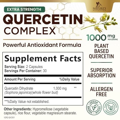 Quercetin Dihydrat 1000mg pro Portion – Hochdosiertes pflanzliches Bioflavonoid – Extra starke Antioxidans-Unterstützung für Immun- und Atemwegsgesundheit – Hohe Absorption – 60 Vegane Kapseln
