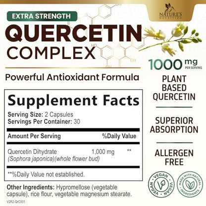 Quercetin Dihydrat 1000mg pro Portion – Hochdosiertes pflanzliches Bioflavonoid – Extra starke Antioxidans-Unterstützung für Immun- und Atemwegsgesundheit – Hohe Absorption – 60 Vegane Kapseln
