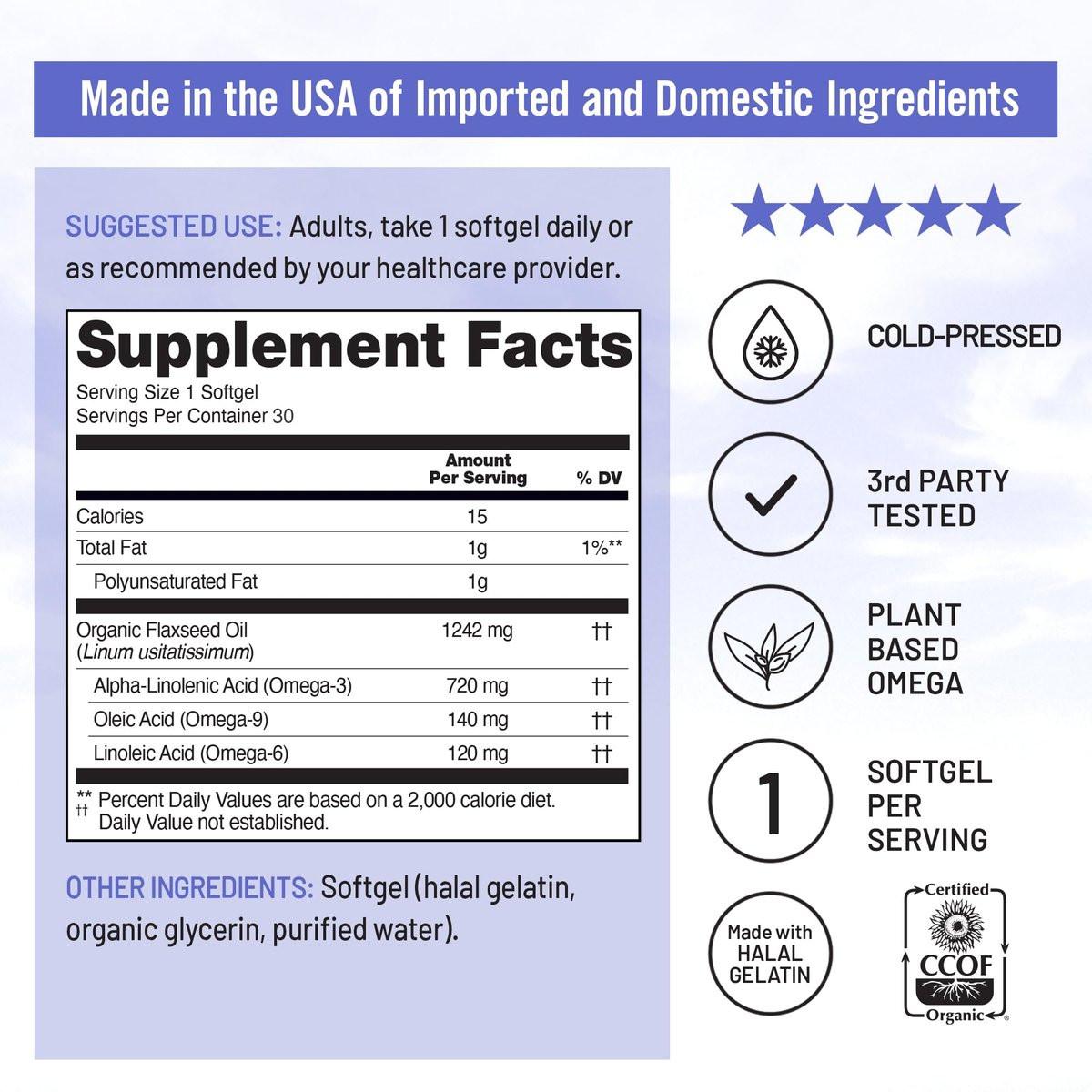 NatureWise Leinöl 1200 mg – Fischfreies Omega 3 6 9 mit 720 mg ALA, Nahrungsergänzungsmittel für die Herzgesundheit – Bio, kaltgepresst, nicht genetisch verändert – 30 Softgels [1-Monatsvorrat]
