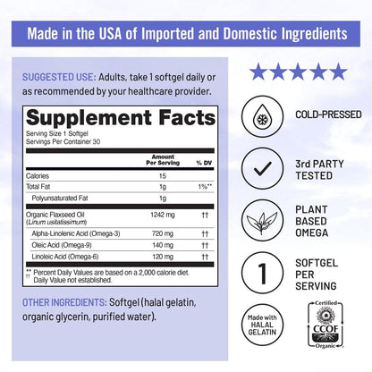 NatureWise Leinöl 1200 mg – Fischfreies Omega 3 6 9 mit 720 mg ALA, Nahrungsergänzungsmittel für die Herzgesundheit – Bio, kaltgepresst, nicht genetisch verändert – 30 Softgels [1-Monatsvorrat]