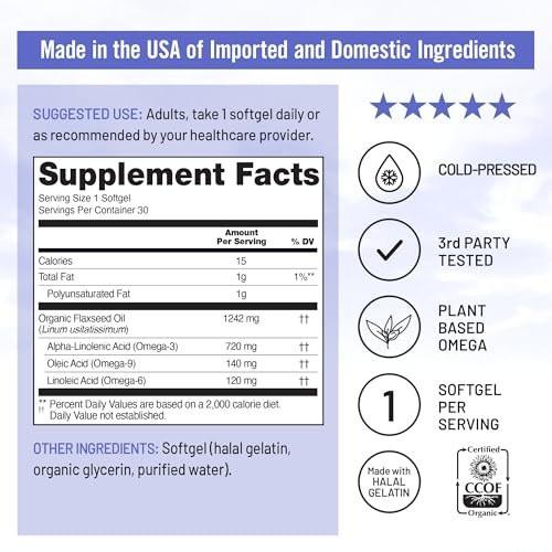NatureWise Leinöl 1200 mg – Fischfreies Omega 3 6 9 mit 720 mg ALA, Nahrungsergänzungsmittel für die Herzgesundheit – Bio, kaltgepresst, nicht genetisch verändert – 30 Softgels [1-Monatsvorrat]