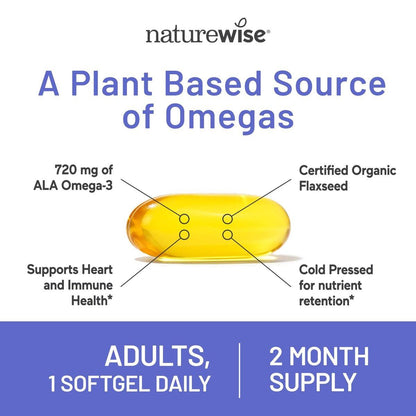 NatureWise Leinöl 1242 mg, fischfreies Omega 3 6 9 mit 720 mg ALA, Nahrungsergänzungsmittel zur Unterstützung der Herzgesundheit - Bio, kaltgepresst, nicht gentechnisch verändert - 60 Softgels [2-Monats-Vorrat]