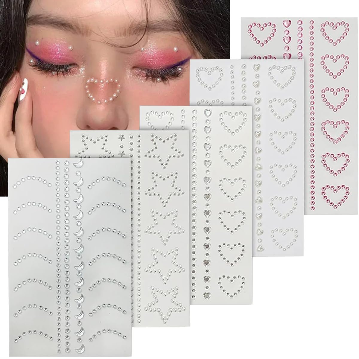 Selbstklebende Face Makeup Gems Perlen, 3D Stern Herz Mond Form Juwelen Gesicht Strass Aufkleber, Strasssteine Aufkleber für Gesicht, Haare, Make-up, Körper, Basteln, Festival Dekoration