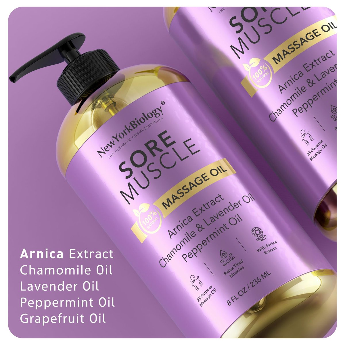 New York Biology Sore Muscle Massageöl 8 Fl Oz – Mit 100% natürlichen Ölen – Beruhigendes Körper-Massageöl – Zieht schnell ein