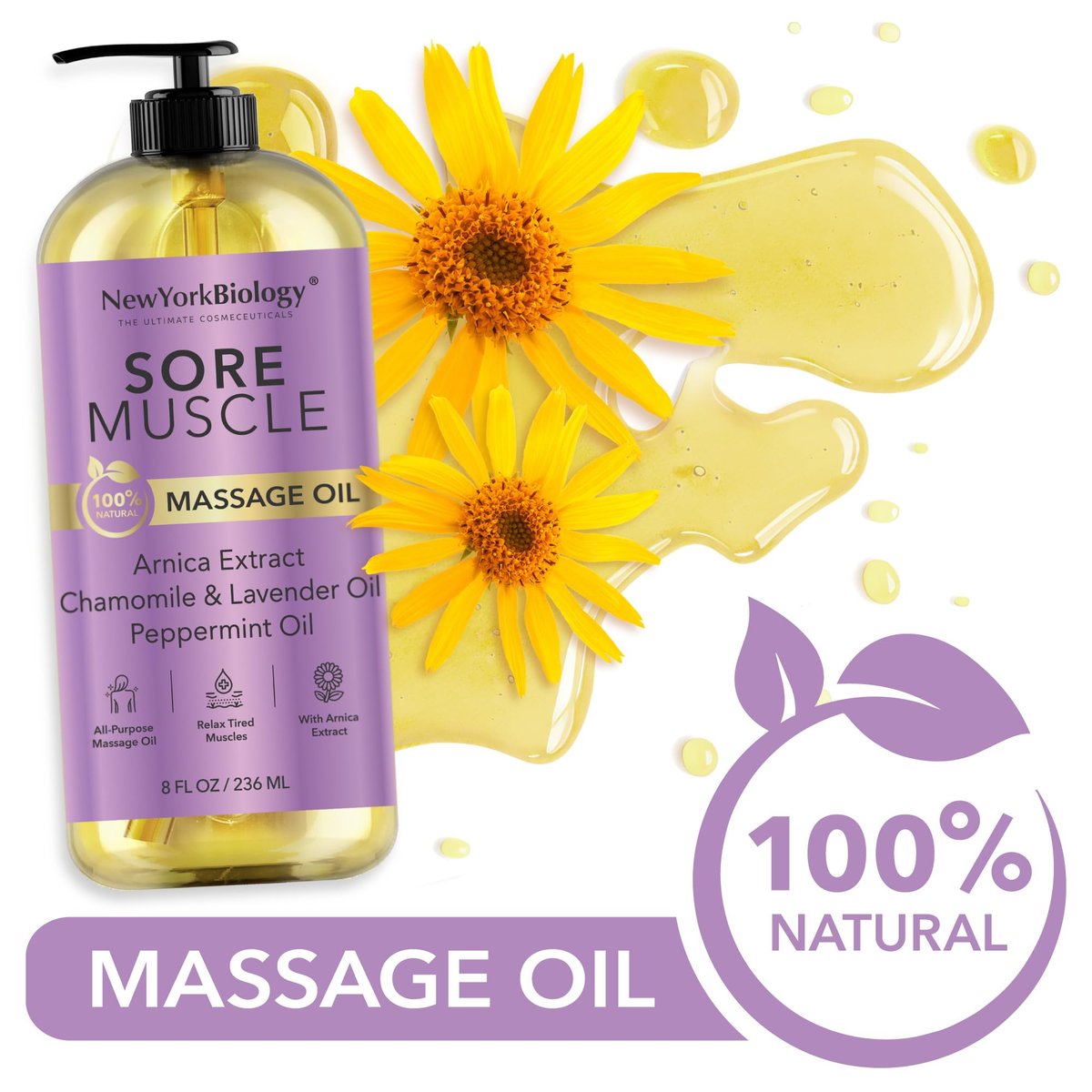 New York Biology Sore Muscle Massageöl 8 Fl Oz – Mit 100% natürlichen Ölen – Beruhigendes Körper-Massageöl – Zieht schnell ein