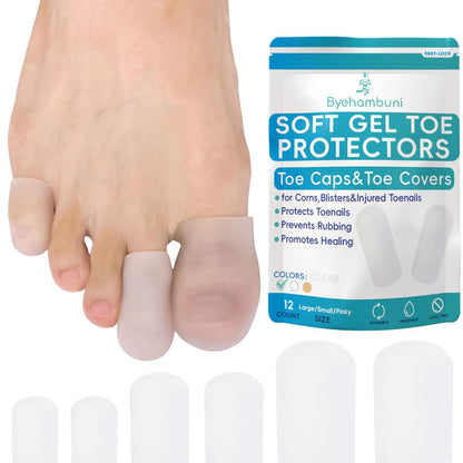 Byehambuni Silikon Zehenkappen 12er-Pack - Gel-Zehenkappen - Zehenpolster für Frauen - Zehenschützer zur Schmerzlinderung bei Hühneraugen, Hornhaut, Blasen, fehlenden oder eingewachsenen Zehennägeln, wiederverwendbar - Transparent (4L+4S+4Pinky)