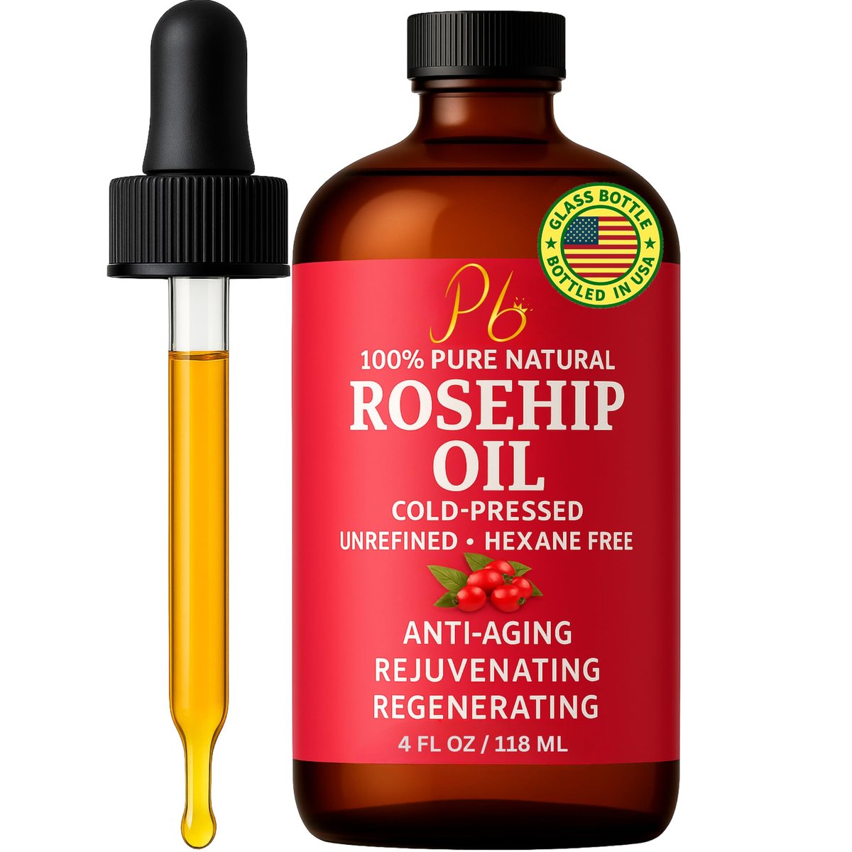 Pomberries Rosenkernöl – Kaltgepresst & Unraffiniert, Rosenöl für Gesicht, Haut & Haar – Hagebuttenöl gegen Narben, Falten, Dehnungsstreifen, tägliche Feuchtigkeit & Gua-Sha-Massage, 118 ml