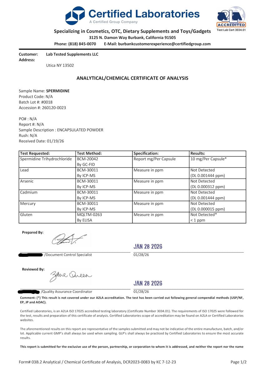 Lab Tested Supplements - Spermidin 3HCL - 120 Kapseln à 10 mg - Mit COA pro Charge - Spermidin Trihydrochlorid