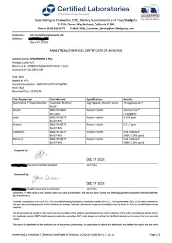 Lab Tested Supplements - Spermidin 3HCL - 120 Kapseln à 10 mg - Mit COA pro Charge - Spermidin Trihydrochlorid