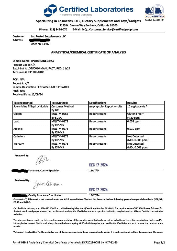 Lab Tested Supplements - Spermidin 3HCL - 120 Kapseln à 10 mg - Mit COA pro Charge - Spermidin Trihydrochlorid