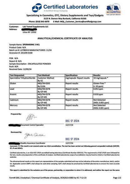 Lab Tested Supplements - Spermidin 3HCL - 120 Kapseln à 10 mg - Mit COA pro Charge - Spermidin Trihydrochlorid