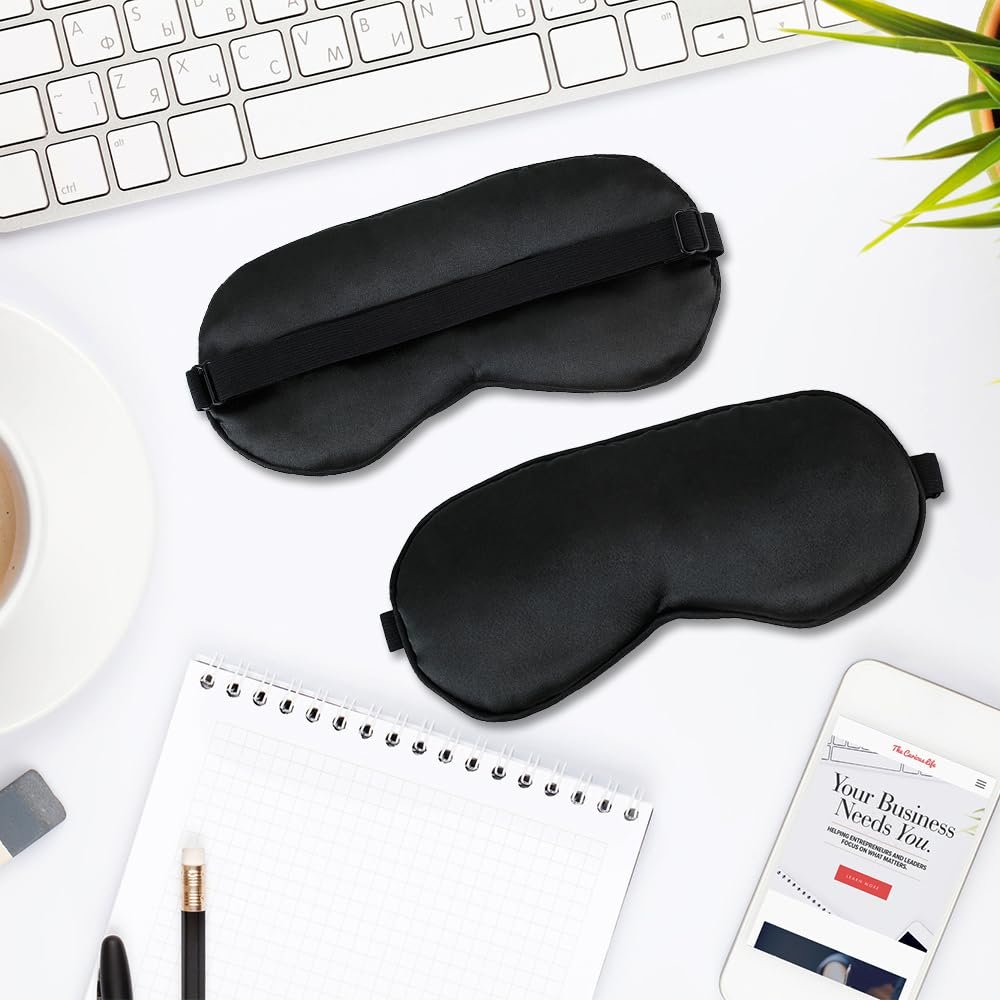2er-Pack Schwarze Satin-Schlafmasken, verstellbare Seiden-Augenmasken zum Schlafen, weiche atmungsaktive Schlafbrille für Erwachsene, Paare, Partys, Reisen, Flugreisen, Augenabdeckungen