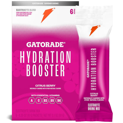 Gatorade Hydration Booster Elektrolyt-Getränkepulver Beutel, Citrus Berry, Fortschrittliche Elektrolytmischung, Ohne Zusatz von Farbstoffen, Ohne künstliche Süßstoffe, Essentielle Vitamine A, C, B3, B5, B6, Ergibt 20 Fl Oz, (6er Pack)