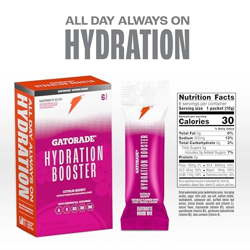 Gatorade Hydration Booster Elektrolyt-Getränkepulver Beutel, Citrus Berry, Fortschrittliche Elektrolytmischung, Ohne Zusatz von Farbstoffen, Ohne künstliche Süßstoffe, Essentielle Vitamine A, C, B3, B5, B6, Ergibt 20 Fl Oz, (6er Pack)