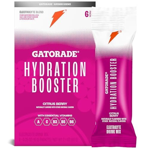 Gatorade Hydration Booster Elektrolyt-Getränkepulver Beutel, Citrus Berry, Fortschrittliche Elektrolytmischung, Ohne Zusatz von Farbstoffen, Ohne künstliche Süßstoffe, Essentielle Vitamine A, C, B3, B5, B6, Ergibt 20 Fl Oz, (6er Pack)