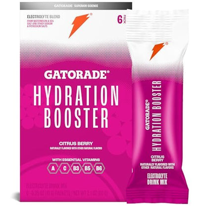 Gatorade Hydration Booster Elektrolyt-Getränkepulver Beutel, Citrus Berry, Fortschrittliche Elektrolytmischung, Ohne Zusatz von Farbstoffen, Ohne künstliche Süßstoffe, Essentielle Vitamine A, C, B3, B5, B6, Ergibt 20 Fl Oz, (6er Pack)