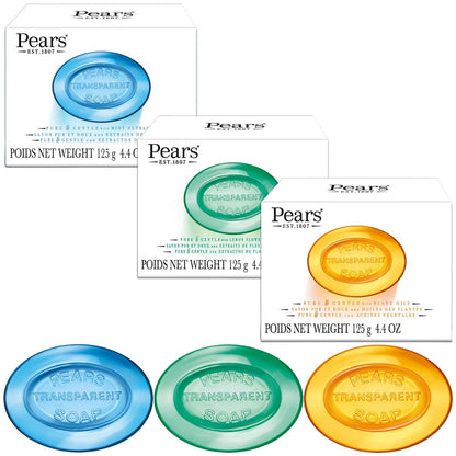 Pears Seife, Pure & Gentle Glycerin Seife Sorten 3er-Pack – Blau mit Minze, Grün mit Zitronenblütenextrakt und Bernstein mit natürlichen Ölen, je 125 g