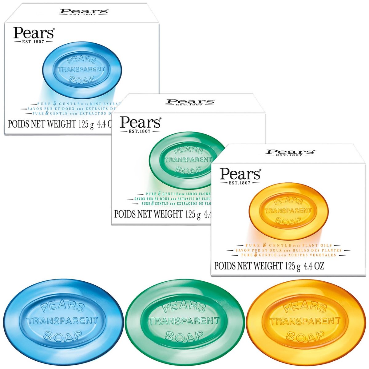 Pears Seife, Pure & Gentle Glycerin Seife Sorten 3er-Pack – Blau mit Minze, Grün mit Zitronenblütenextrakt und Bernstein mit natürlichen Ölen, je 125 g