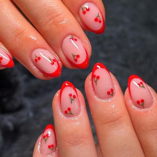 ROFIBUT Rote French-Spitzen Press-on-Nägel, Mandelform, Kurze Fake-Nägel, Niedliche Nude-Pink Vollabdeckung, Klebenägel mit Roten Kirschen, Glänzende Künstliche Acrylnägel, Wiederverwendbar, für Frauen und Mädchen, 24 Stück
