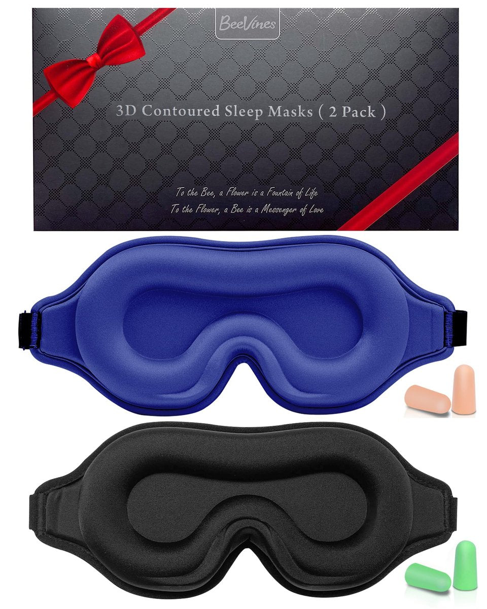 BeeVines Schlafmaske, 2er-Pack 3D-Konturierte Schlafmasken für Wimpernverlängerungen, Nachtgeformte Abdeckungen mit verstellbarem Riemen, Augenschutz für Wimpernverlängerungen für Reisen, Yoga, Nickerchen (Schwarz & Blau)