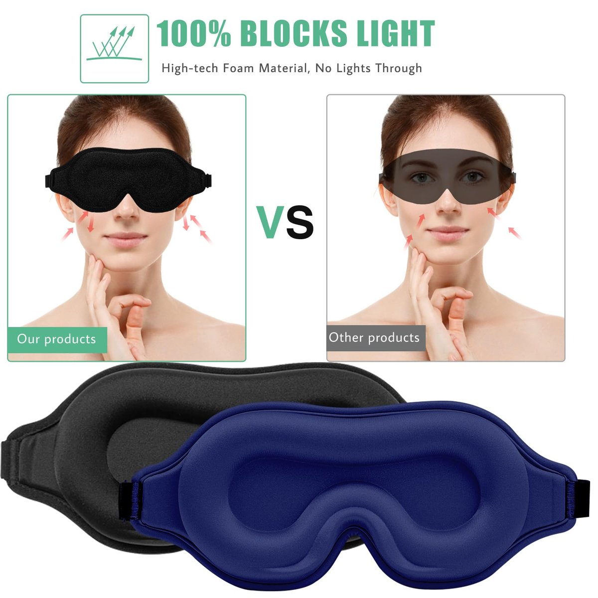 BeeVines Schlafmaske, 2er-Pack 3D-Konturierte Schlafmasken für Wimpernverlängerungen, Nachtgeformte Abdeckungen mit verstellbarem Riemen, Augenschutz für Wimpernverlängerungen für Reisen, Yoga, Nickerchen (Schwarz & Blau)