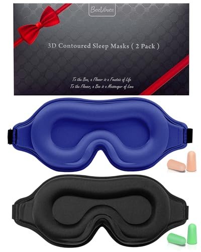 BeeVines Schlafmaske, 2er-Pack 3D-Konturierte Schlafmasken für Wimpernverlängerungen, Nachtgeformte Abdeckungen mit verstellbarem Riemen, Augenschutz für Wimpernverlängerungen für Reisen, Yoga, Nickerchen (Schwarz & Blau)