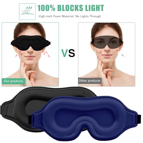 BeeVines Schlafmaske, 2er-Pack 3D-Konturierte Schlafmasken für Wimpernverlängerungen, Nachtgeformte Abdeckungen mit verstellbarem Riemen, Augenschutz für Wimpernverlängerungen für Reisen, Yoga, Nickerchen (Schwarz & Blau)