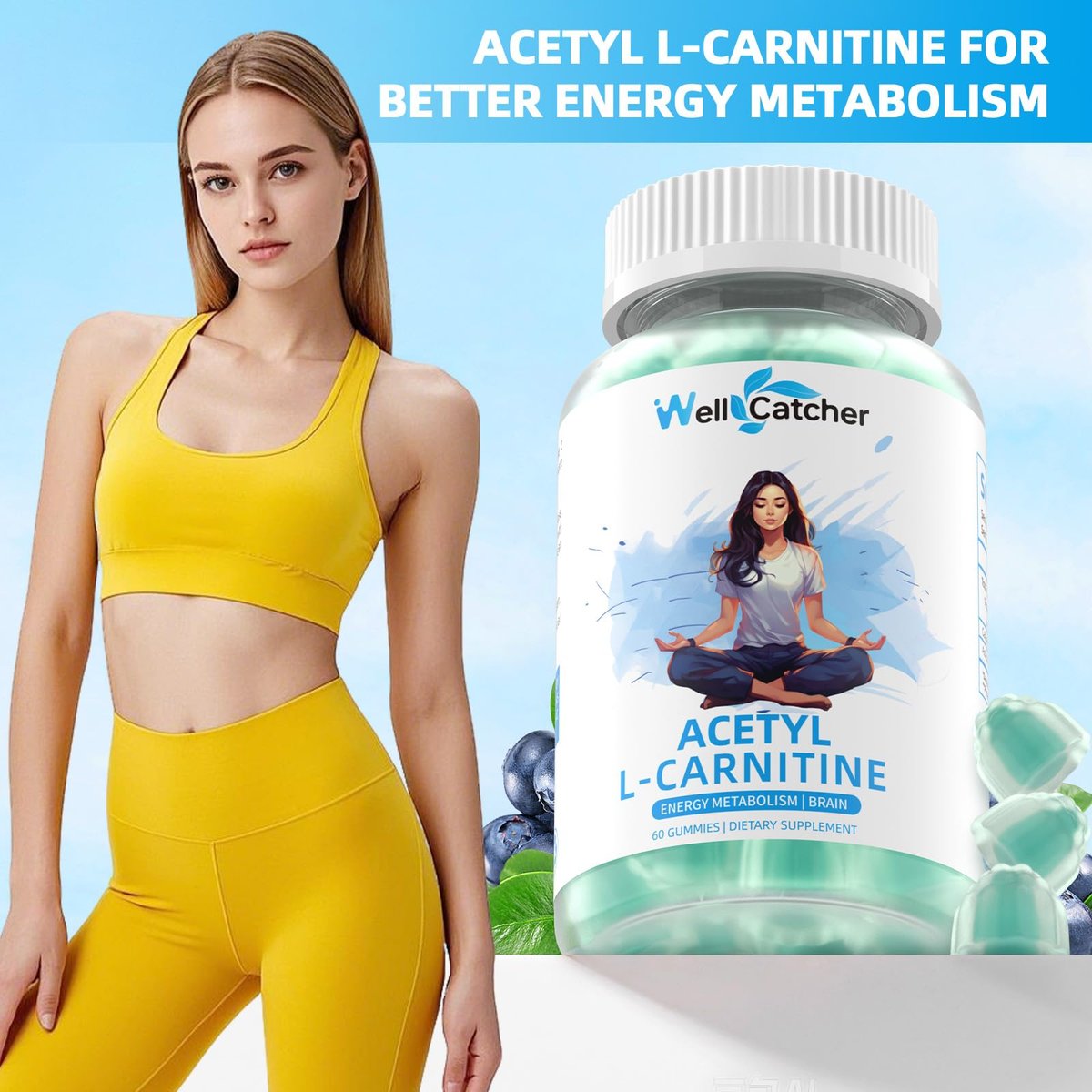 Acetyl-L-Carnitin Gummies 1000 mg – Zuckerfrei, ALCAR Gummies für Männer und Frauen – Unterstützt Muskelausdauer, Gehirngesundheit und Energie-Stoffwechsel – Vegan, Non-GMO, Blaubeergeschmack, 60 Stück