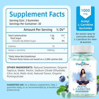 Acetyl-L-Carnitin Gummies 1000 mg – Zuckerfrei, ALCAR Gummies für Männer und Frauen – Unterstützt Muskelausdauer, Gehirngesundheit und Energie-Stoffwechsel – Vegan, Non-GMO, Blaubeergeschmack, 60 Stück