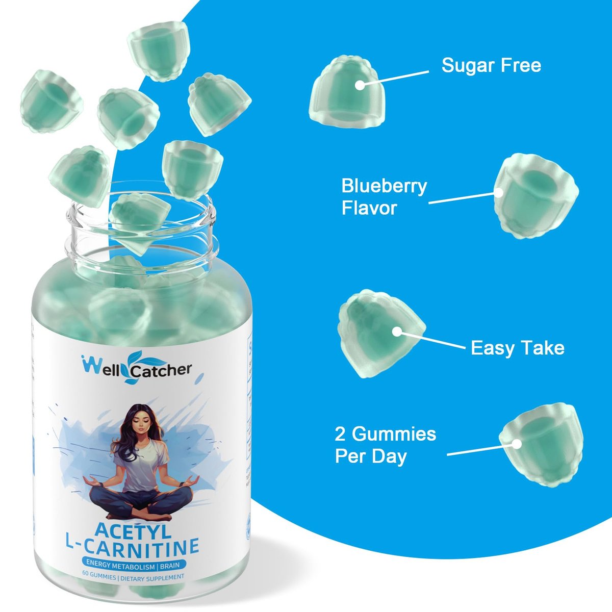 Acetyl-L-Carnitin Gummies 1000 mg – Zuckerfrei, ALCAR Gummies für Männer und Frauen – Unterstützt Muskelausdauer, Gehirngesundheit und Energie-Stoffwechsel – Vegan, Non-GMO, Blaubeergeschmack, 60 Stück
