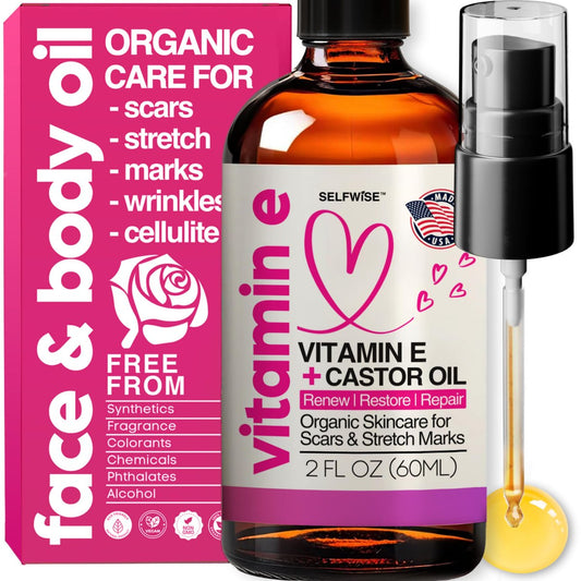 Organisches Vitamin E Öl für Narben, Dehnungsstreifen, Falten & Cellulite – SELFWISE Scar Away Treatment Bio-Öl mit Rizinus, Hagebutte, Jojoba, Mandel – Feuchtigkeitsspendende & pflegende Hautpflege – Gesichts- & Körperöl
