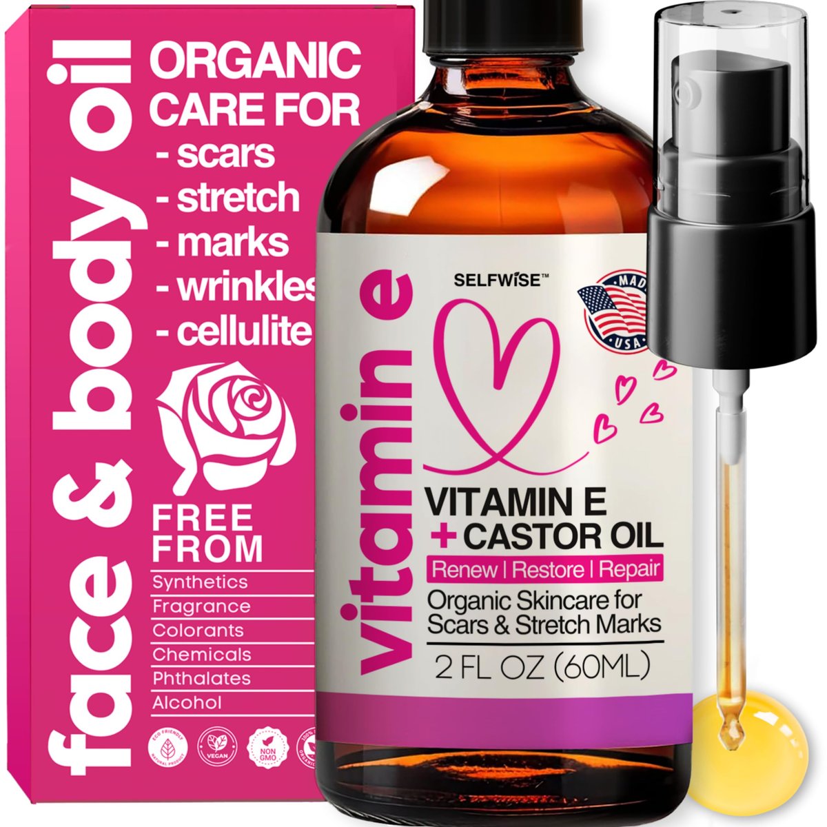 Organisches Vitamin E Öl für Narben, Dehnungsstreifen, Falten & Cellulite – SELFWISE Scar Away Treatment Bio-Öl mit Rizinus, Hagebutte, Jojoba, Mandel – Feuchtigkeitsspendende & pflegende Hautpflege – Gesichts- & Körperöl