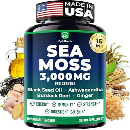 Opti Health Sea Moss Black Seed Oil Ashwagandha Ginger – Fortgeschrittene irische Sea Moss Kapseln, All-in-One-Nahrungsergänzung mit Seamoss, Schwarzkümmelöl, Ashwagandha, Klettenwurzel, Blasentang – Energie, Immunsystem, Darmgesundheit (60 Kapseln)