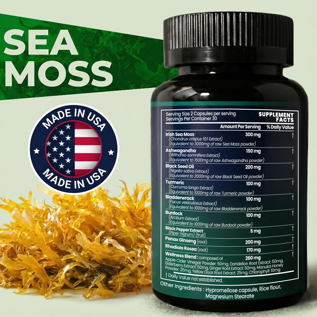 Opti Health Sea Moss Black Seed Oil Ashwagandha Ginger – Fortgeschrittene irische Sea Moss Kapseln, All-in-One-Nahrungsergänzung mit Seamoss, Schwarzkümmelöl, Ashwagandha, Klettenwurzel, Blasentang – Energie, Immunsystem, Darmgesundheit (60 Kapseln)
