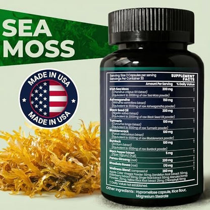 Opti Health Sea Moss Black Seed Oil Ashwagandha Ginger – Fortgeschrittene irische Sea Moss Kapseln, All-in-One-Nahrungsergänzung mit Seamoss, Schwarzkümmelöl, Ashwagandha, Klettenwurzel, Blasentang – Energie, Immunsystem, Darmgesundheit (60 Kapseln)